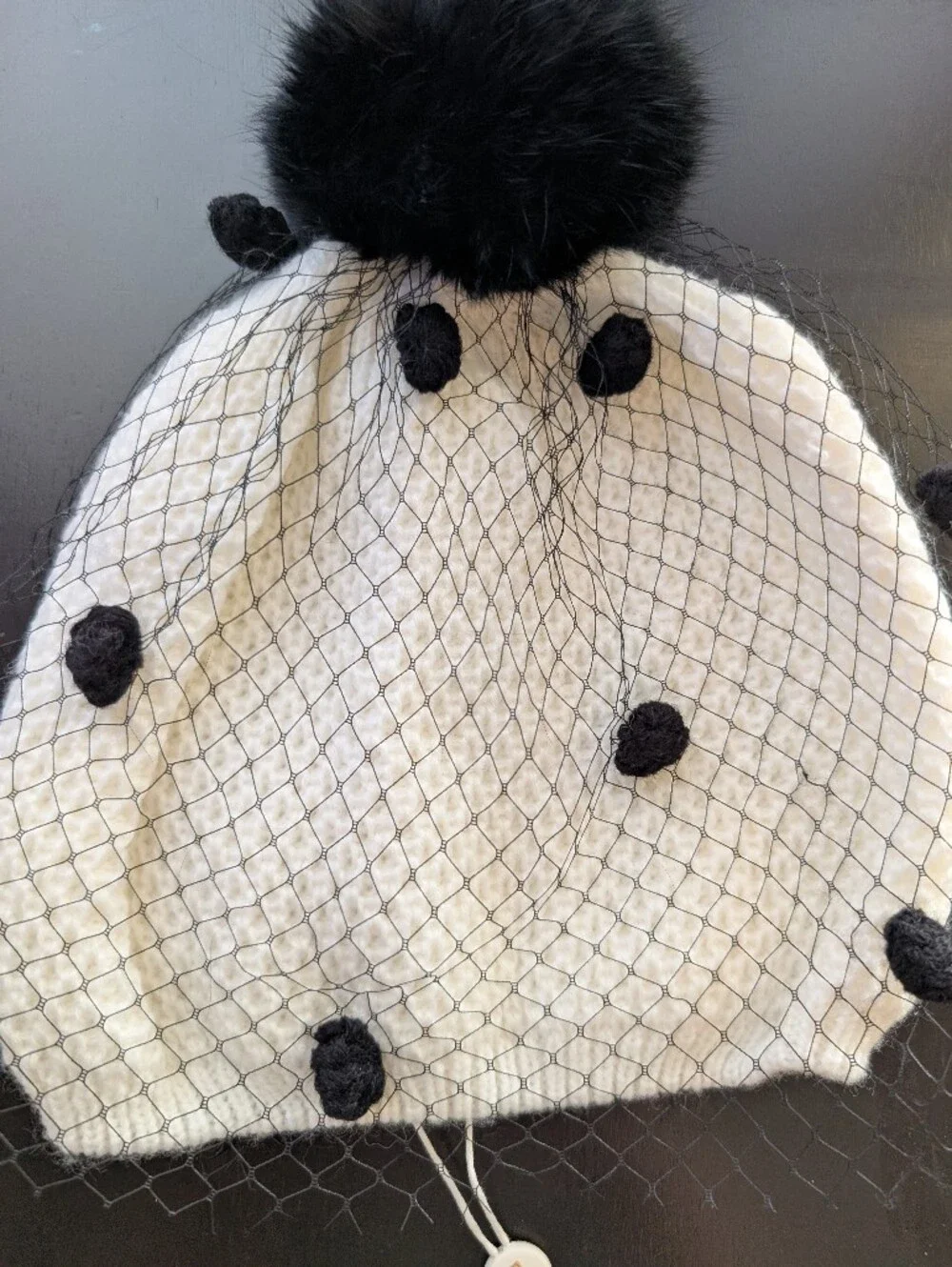 Shiraleah Ivory Knit Beanie Beret with Black Veil and Black Pom